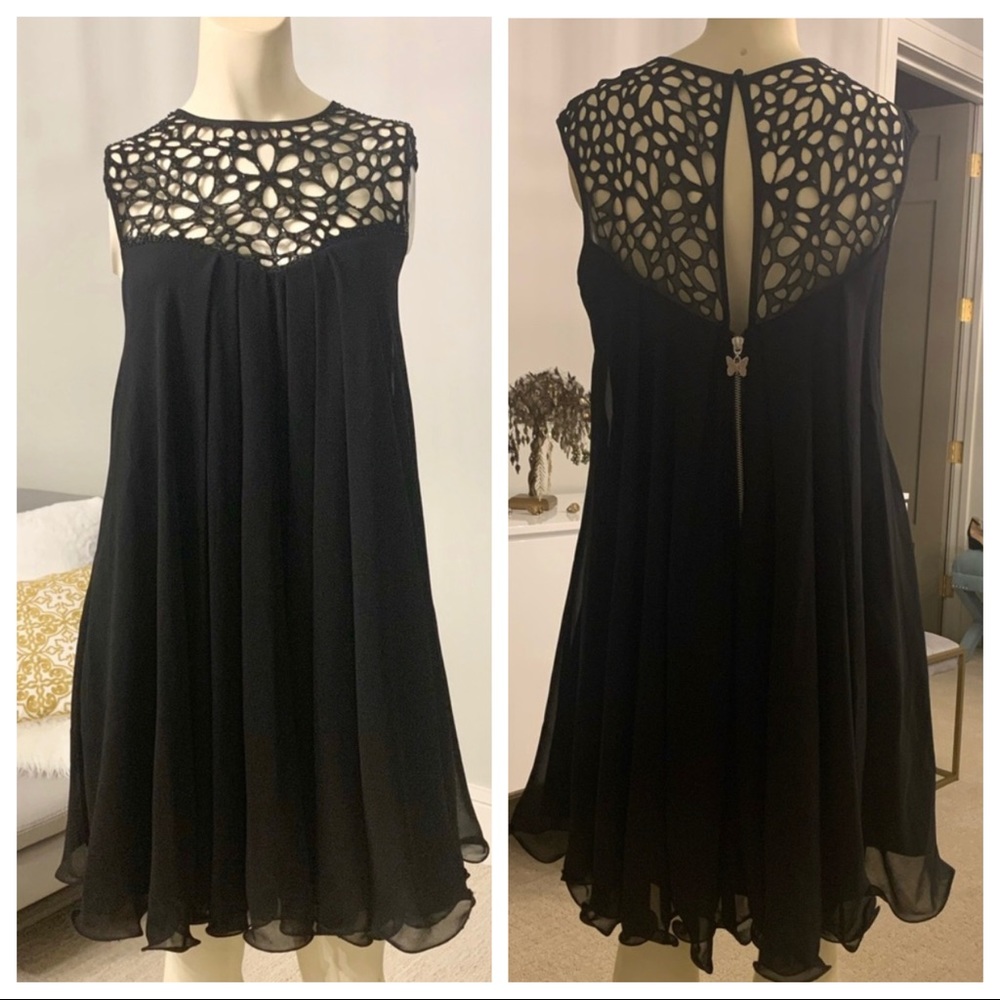 Lipsy lace neck black chiffon party dress size 8